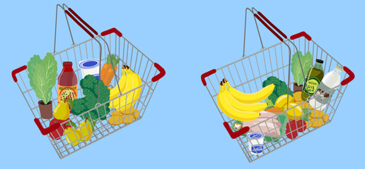 cart with products in a supermarket in vector. set of food in semi-realistic style. objects for design of application website leaflet booklet advertising packaging sticker. © Anna