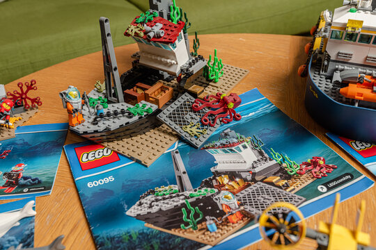 Gothenburg, Sweden - May 01 2020: Collection of Lego sets and instructions.