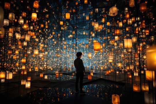 Abstract art exhibit with glowing floating lanterns. Starry night sky silhouette. Peaceful meditation in magical world.