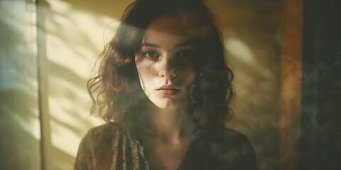 A vintage-style portrait of a person with film grain and light leaks, reminiscent of 1970s photography - obrazy, fototapety, plakaty