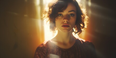 A vintage-style portrait of a person with film grain and light leaks, reminiscent of 1970s photography