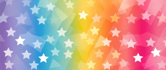 Fotobehang Colorful cheery rainbow star background wallpaper. Children's cartoon bedroom design. Abstract sky cloudscape. © Fox Ave Designs