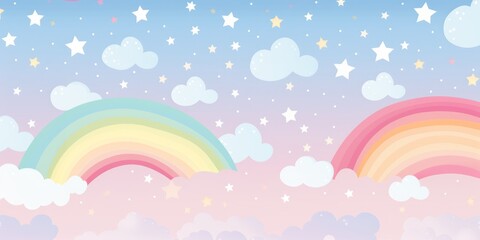 Fototapeta na wymiar Colorful cheery rainbow star background wallpaper. Children's cartoon bedroom design. Abstract sky cloudscape.