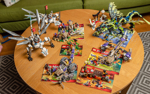 Gothenburg, Sweden - May 01 2020: Collection of Lego Ninjago sets and instructions.