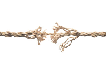 Frayed rope about to break concept for stress, problem, fragility or precarious business situation ...