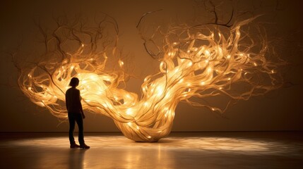 Abstract glowing lights of tangled woven branches. Museum art sculpture of golden roots. Flowing...