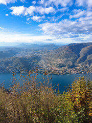 Fototapeta na wymiar spectacular and sky colored areal view of Como lake from Volta's lighthouse