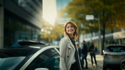 smiling asian woman on city street, enjoying outdoors with cars and people around, fictional location - obrazy, fototapety, plakaty