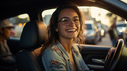 smiling woman with glasses enjoys driving, surrounded by cars