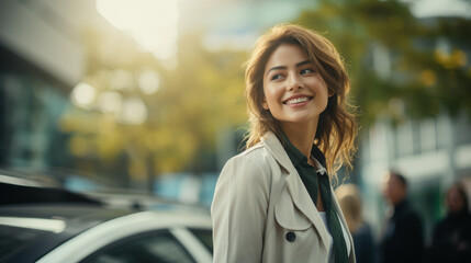 smiling asian woman on city street, enjoying outdoors with cars and people around, fictional location - obrazy, fototapety, plakaty