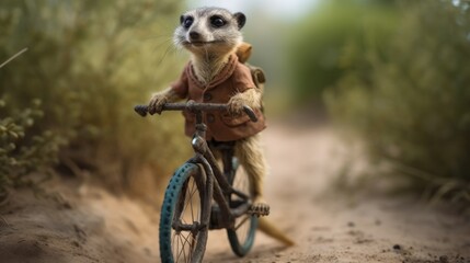 Meerkat riding a bicycle in the countryside, extreme closeup. Wilderness Concept. Wildlife Concept. - obrazy, fototapety, plakaty
