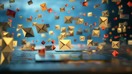vibrant email concept with scattered envelopes, dynamic and lively scene resembling a celebration or special event.