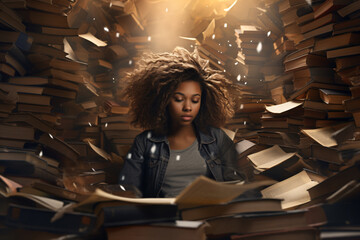 A young black woman surrounded by books depicting the love for reading and literature, education, or being a bookworm - obrazy, fototapety, plakaty