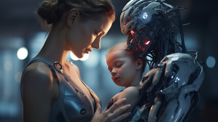 humanoid android robot with artificial intelligence is babysitter and housekeeper, a caucasian woman and her newborn baby, father substitute or support for mother - obrazy, fototapety, plakaty