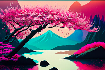 Cherry blossom trees, lake and mountain scene
