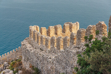 Fortress wall overlooking the sea, part of the Alanya fortress.