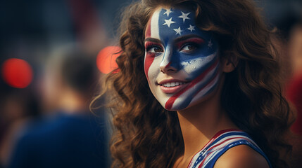 Obraz premium woman with American flag face paint in lively crowd, confident expression, patriotic and prideful atmosphere, fictional location