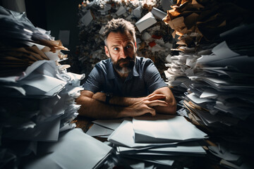 A man overwhelmed by paperwork, drowning in papers