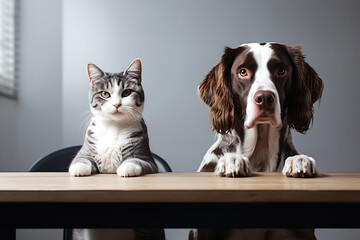 Serious cat and dog are sitting at the table in a minimalistic kitchen and waiting for food - obrazy, fototapety, plakaty