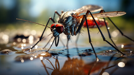 abstract mosquito is full and full and has drunk blood, at a still water of a small water-rain puddle, laying eggs or drinking, pest and disease vector