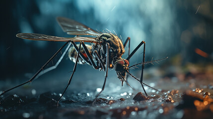 abstract mosquito is full and full and has drunk blood, at a still water of a small water-rain puddle, laying eggs or drinking, pest and disease vector - obrazy, fototapety, plakaty