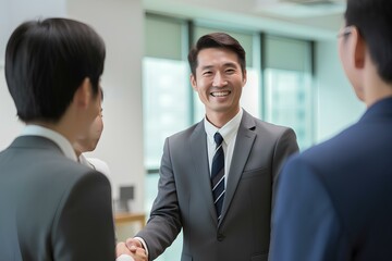 Fototapeta premium Happy korean business man manager handshaking at office meeting. smiling male hr hiring recruit at job interview. generative AI