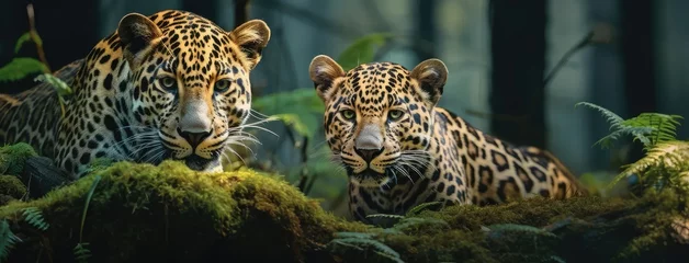 Poster two adult Indian male leopards in their natural habitat, set against a lush green background during the rainy monsoon season. © lililia