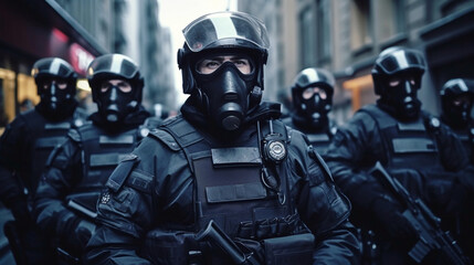 police officers in uniform with helmets and gear, a cohesive unit in city street formation - obrazy, fototapety, plakaty