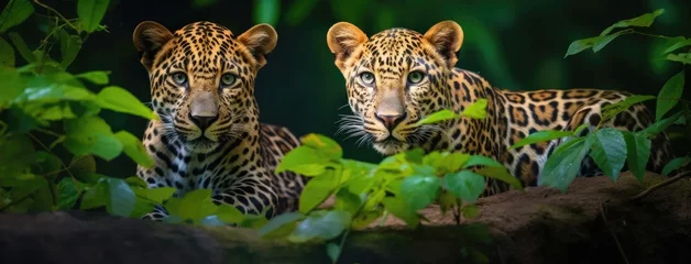 Tuinposter Luipaard two adult Indian male leopards in their natural habitat, set against a lush green background during the rainy monsoon season.