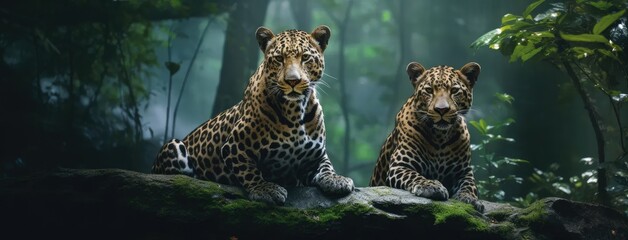 two adult Indian male leopards in their natural habitat, set against a lush green background during...