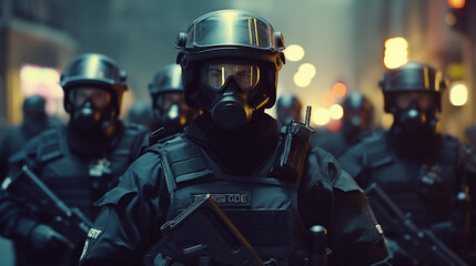 police officers and protesters unite in political and climate activism, fictional location - obrazy, fototapety, plakaty