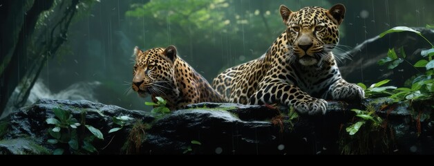 two adult Indian male leopards in their natural habitat, set against a lush green background during the rainy monsoon season. - obrazy, fototapety, plakaty