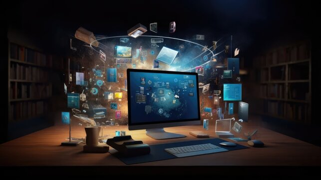 e-learning and internet technology in education. Showcase a modern online classroom setting with students engaged in a webinar or online courses.