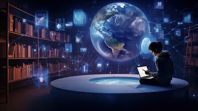 e-learning and internet technology in education. Showcase a modern online classroom setting with students engaged in a webinar or online courses.