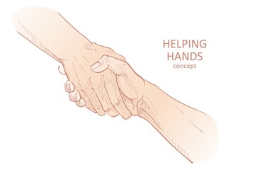 Helping hand concept. Gesture, sign of help and hope. Two hands taking each other. Isolated line...