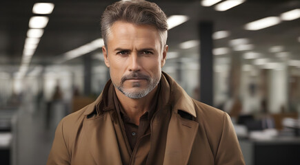 Obraz premium Portrait of handsome european man, in brown coat standing at workplace, successful manager