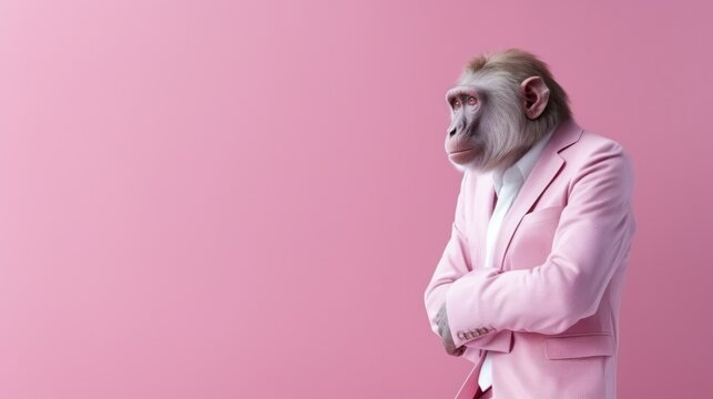 A monkey dressed in a pink suit and tie, AI