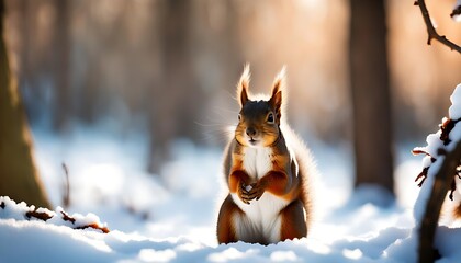Squirrel in winter forest portret - obrazy, fototapety, plakaty