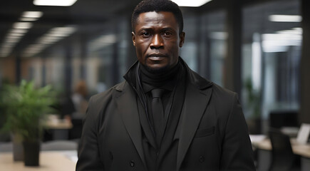 Obraz premium Portrait of young african man in black suit and tie standing in office, successful manager, AI generated image