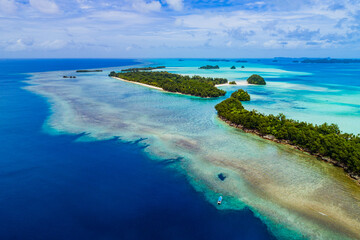 Aerial shot of tropical islands beaches and coral reefs in Palau, Micronesia