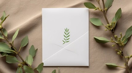 a blank paper card mockup, accompanied by an envelope, a green branch, and a silk ribbon elegantly arranged on a linen tablecloth.