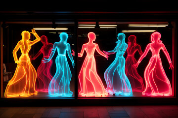 Neon light silhouettes of dancing girls on black background .