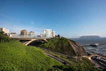 PERU Panoramic view of the Villena Rey Bridge of the Miraflores district with luxurious apartments and Pacific Ocean © Luis