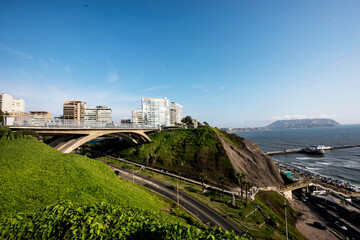 PERU Panoramic view of the Villena Rey Bridge of the Miraflores district with luxurious apartments and Pacific Ocean © Luis