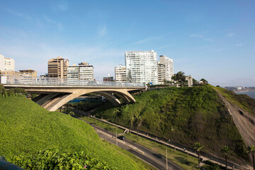 PERU Panoramic view of the Villena Rey Bridge of the Miraflores district with luxurious apartments and Pacific Ocean © Luis