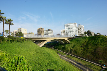 PERU Panoramic view of the Villena Rey Bridge of the Miraflores district with luxurious apartments and Pacific Ocean © Luis