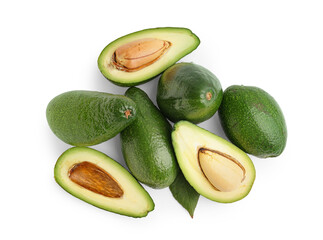 Many fresh ripe avocados on white background