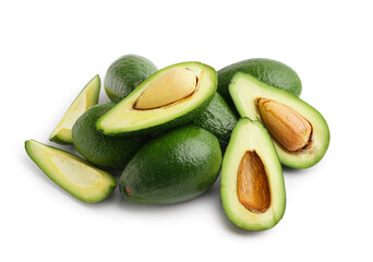 Many fresh ripe avocados on white background