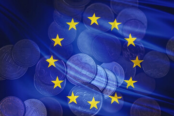 cash euro coins and european union flag, money inflation, finance economics business, economic...