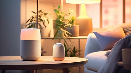 a smart speaker seamlessly integrated into a modern minimalist living room, the device as a central element in a technologically advanced and aesthetically pleasing smart home setup.